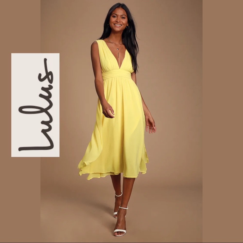 🆕 Lulus Divine Dahlia Yellow Midi Dress V Neck S